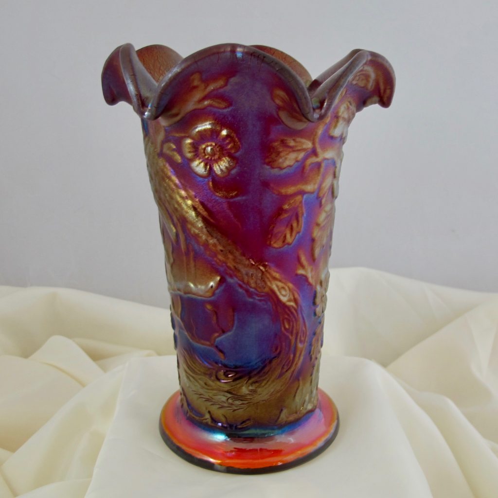Fenton Red Peacock Garden Stretch Carnival Glass Ruffled Top Vase Ltd