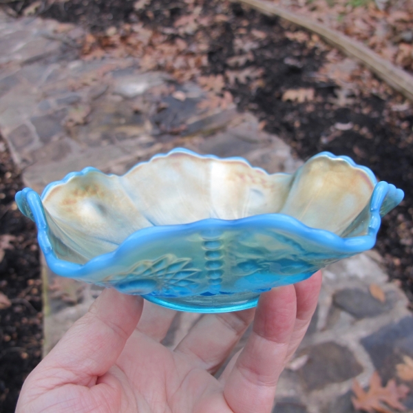 Antique Westmoreland Blue Opal Hobstar & Fruit Carnival Glass Bowl