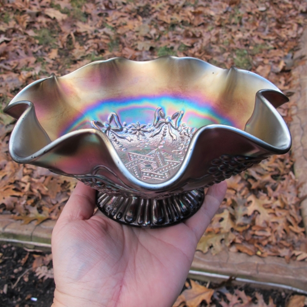 Antique Northwood Amethyst Star of David & Bows Carnival Glass Bowl