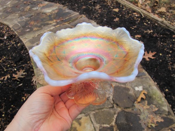 Antique Westmoreland Peach Opal File & Fan Carnival Glass Compote