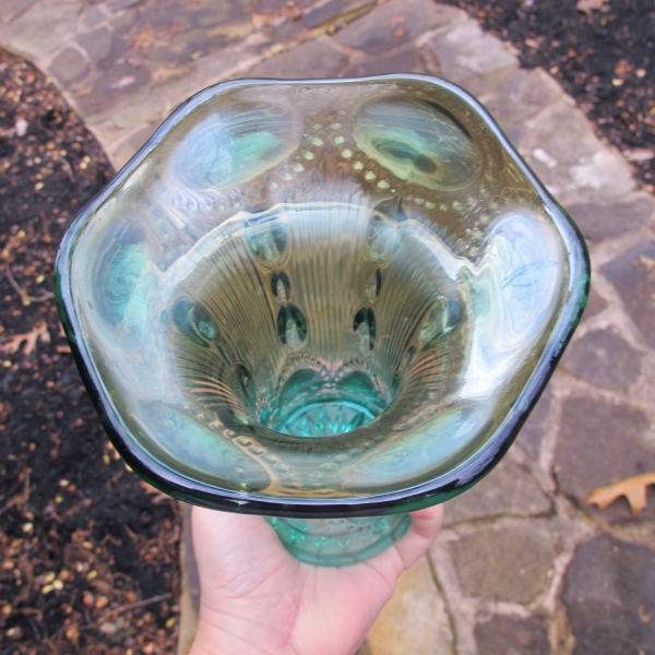 Antique Imperial Teal - Aqua Beaded Bullseye Carnival Glass Squat Vase