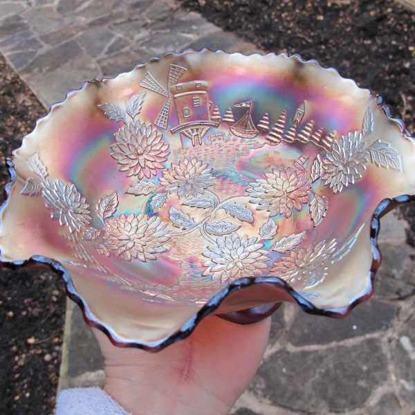 Antique Fenton Chrysanthemum Lavender Carnival Glass Footed Bowl