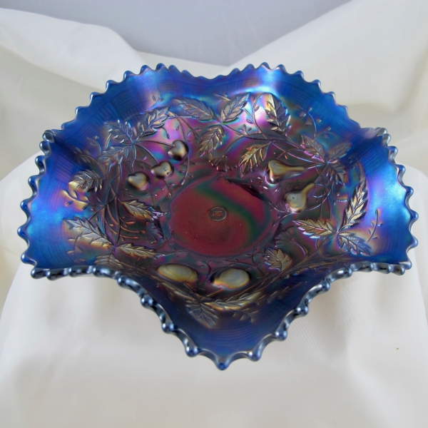 Antique Northwood Fruits & Flowers Electric Blue Carnival Glass Bowl