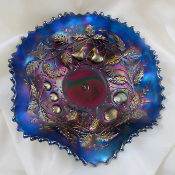 Antique Northwood Fruits & Flowers Electric Blue Carnival Glass Bowl