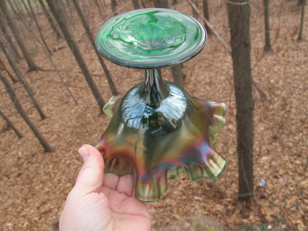 Antique Fenton Scotch Thistle Green Carnival Glass Compote
