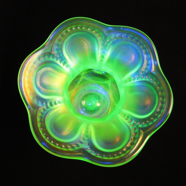 Terry Crider Vaseline Moon & Star Carnival Glass Spittoon Vase Whimsey