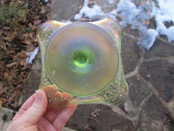 Antique Loetz Olympia Green Iridescent Art Glass Salver Bon Bon Compote Enamel Painted