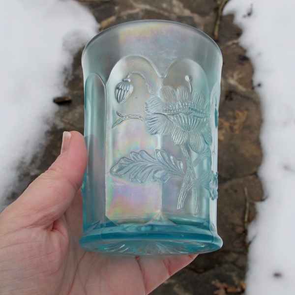 Antique Northwood Ice Blue Oriental Poppy Carnival Glass Tumbler