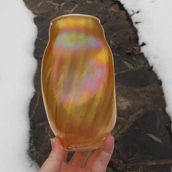 Antique Dugan Peach Opal Pinched Swirl Carnival Glass Vase
