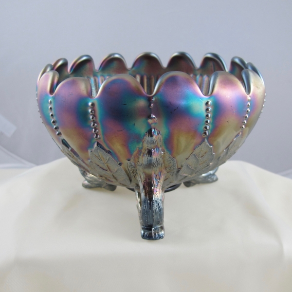 Antique Northwood Amethyst Leaf & Beads Carnival Glass Rose Bowl - Stippled Rays Int.