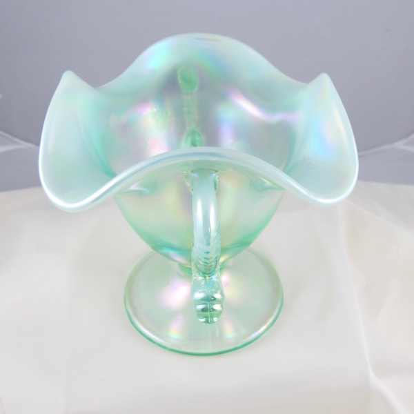 Fenton Ice Green Opal Double Dolphins Carnival Art Glass Ruffled Vase