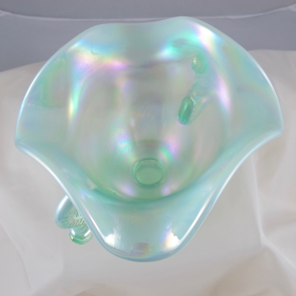 Fenton Ice Green Opal Double Dolphins Carnival Art Glass Ruffled Vase