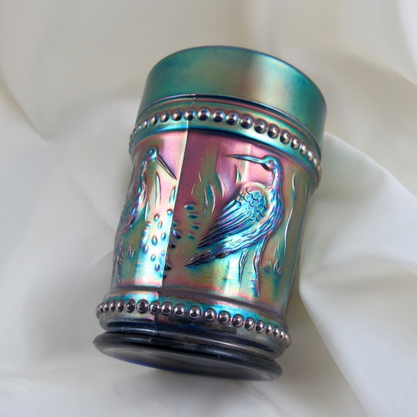 Antique Dugan Blue Stork & Rushes Carnival Glass Tumbler