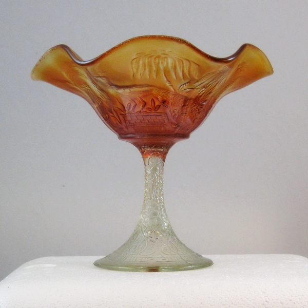 Antique Northwood Marigold Peacock at the Fountain Carnival Glass Compote