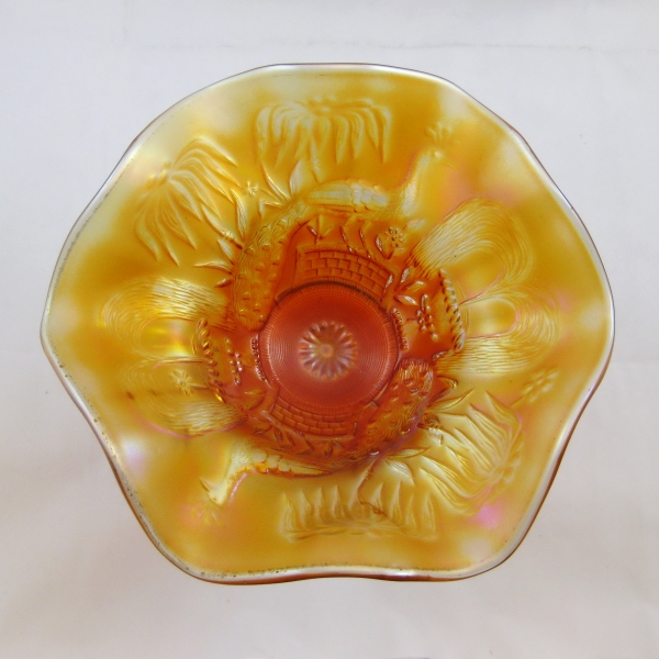 Antique Northwood Marigold Peacock at the Fountain Carnival Glass Compote