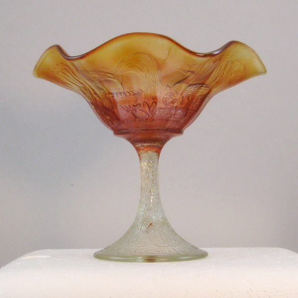 Antique Northwood Marigold Peacock at the Fountain Carnival Glass Compote