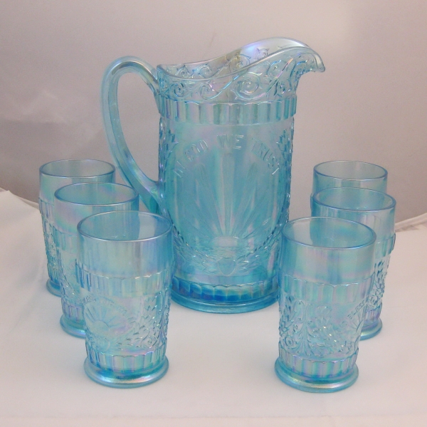 LG Wright Ice Blue God & Home Carnival Glass Water Set