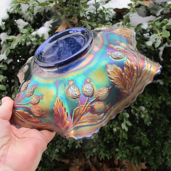 Antique Fenton Blue Orange Tree Carnival Glass Ruffled Bowl