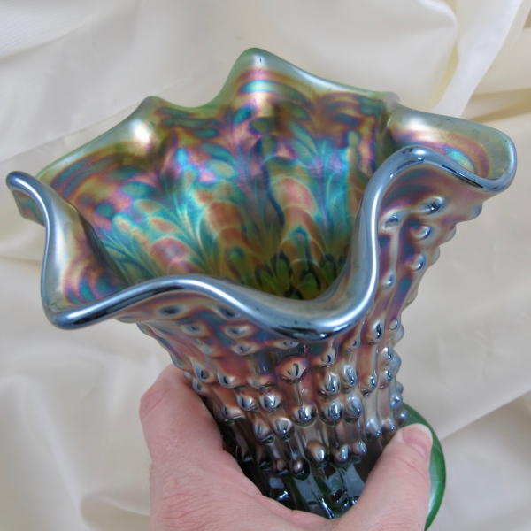 Antique Fenton Green April Showers Carnival Glass Squat Vase