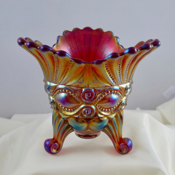 Robert Hansen Red Eyewinker Carnival Glass Tri-Corner Flared Vase