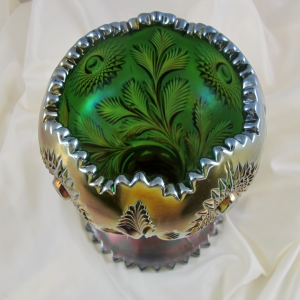 Antique Millersburg Green Hobstar & Feather Carnival Glass Giant Rose Bowl