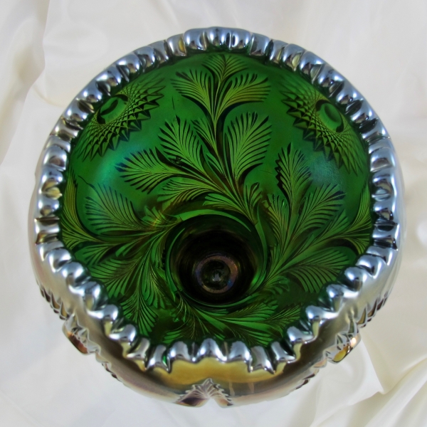 Antique Millersburg Green Hobstar & Feather Carnival Glass Giant Rose Bowl