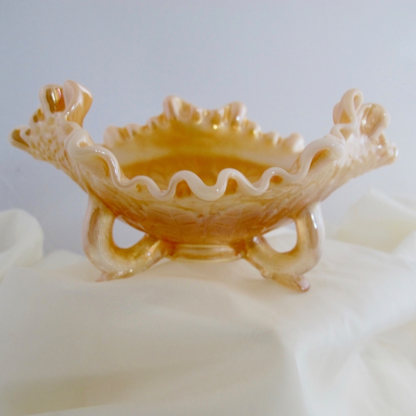 Fenton Peach Opalescent Opal Fenton’s Flowers Carnival Glass Tri-Corner Bowl