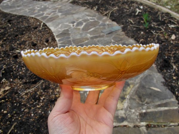 Antique Fenton Peach Opal Dragon & Lotus Carnival Glass Bowl