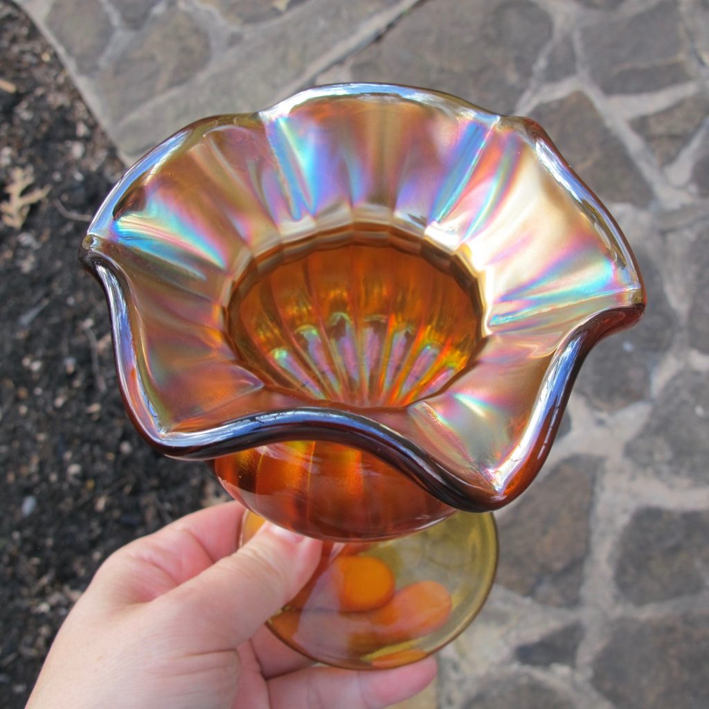 Antique Fenton Amber Small Rib Rays Carnival Glass Whimsey Spittoon