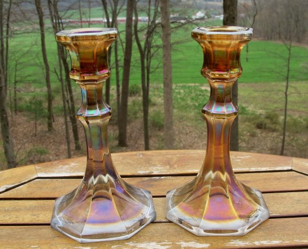 Antique Imperial Smoke Colonial Carnival Glass Candleholders