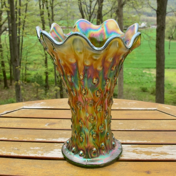 Antique Northwood Green Tree Trunk Carnival Glass Squat Vase