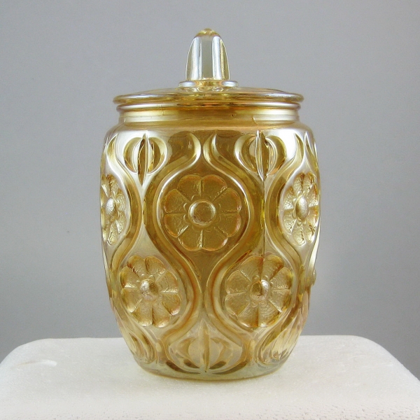 Antique Unknown Marigold Illinois Daisy Carnival Glass Covered Jar