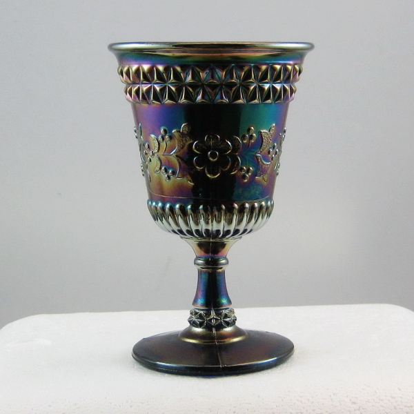 LG Wright Blue Wildflower Carnival Glass Goblet