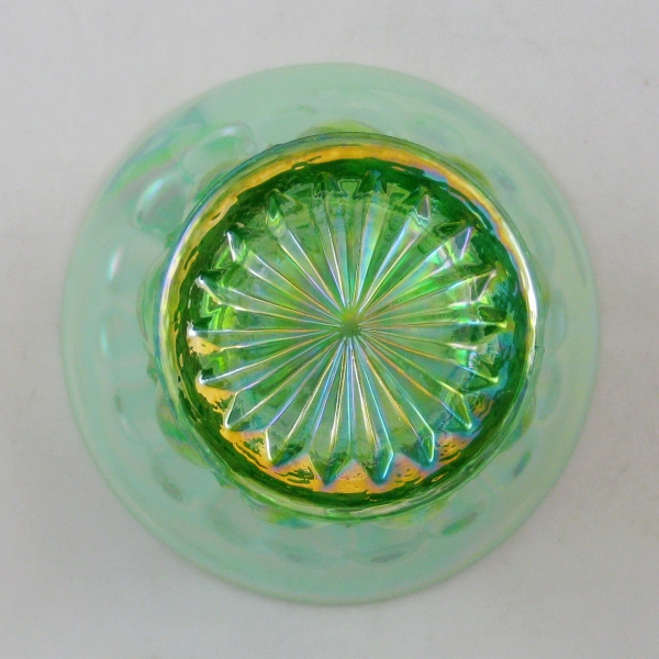 Mosser Green Opal Eyewinker Carnival Glass Spittoon Vase