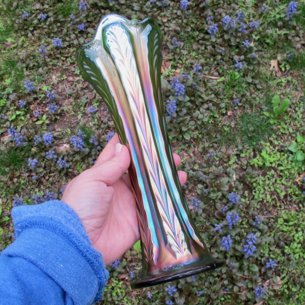 Antique Fenton Plume Panels Green Carnival Glass Vase