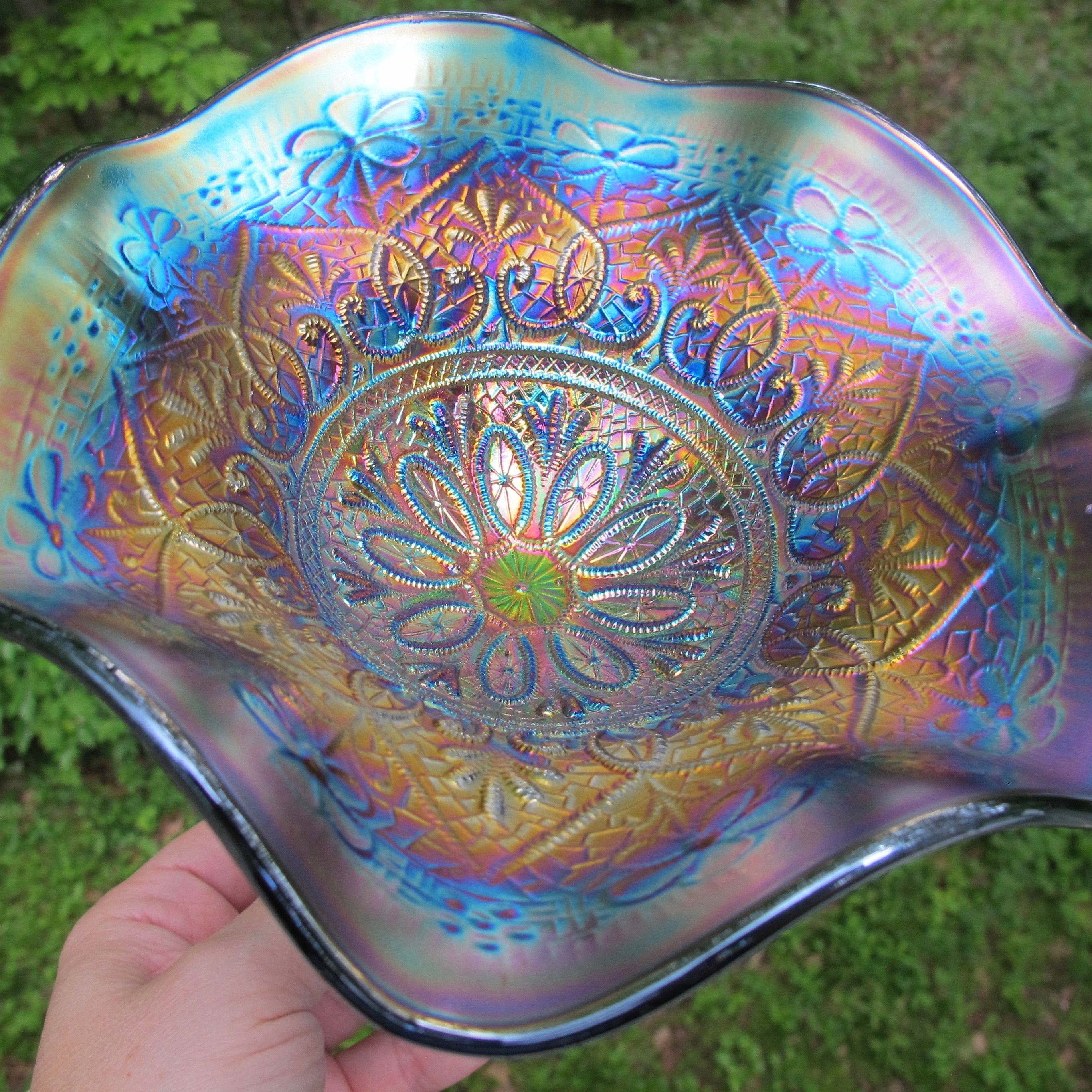Download Antique Northwood Hearts and Flowers Blue Carnival Glass Compote - Carnival Glass