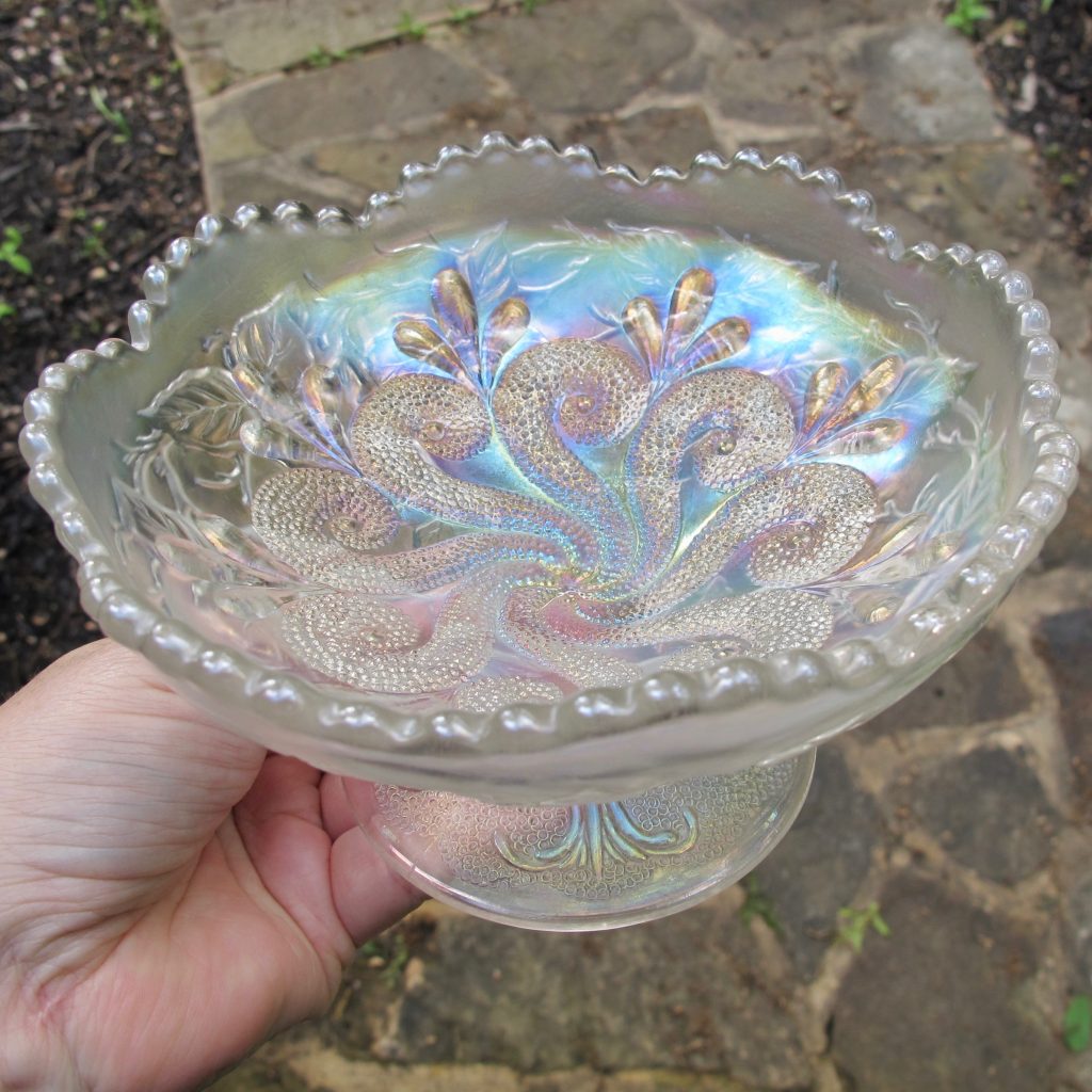 Antique Dugan Question Marks White Carnival Glass Round Compote