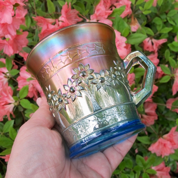 Antique Fenton Orange Tree Sapphire Blue Carnival Glass Mug