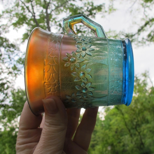Antique Fenton Orange Tree Sapphire Blue Carnival Glass Mug