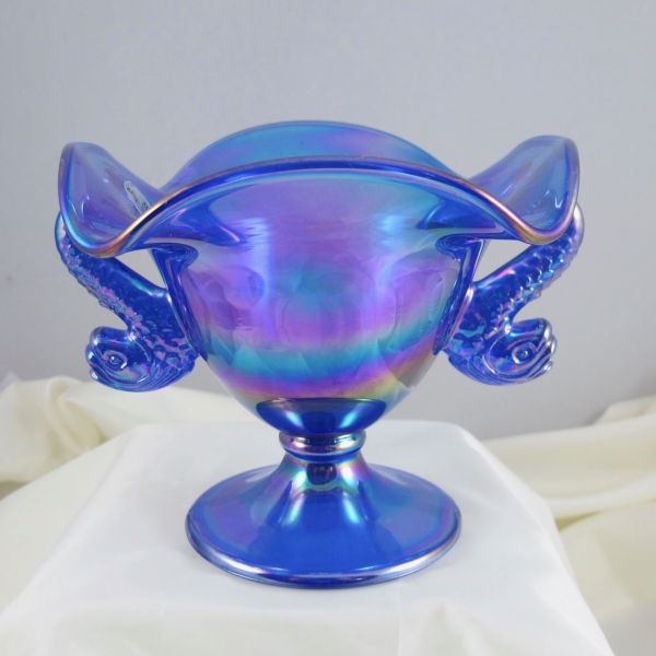 Fenton Blue Double Dolphins Carnival Art Glass Ruffled Vase Compote