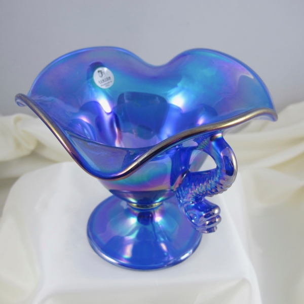 Fenton Blue Double Dolphins Carnival Art Glass Ruffled Vase Compote