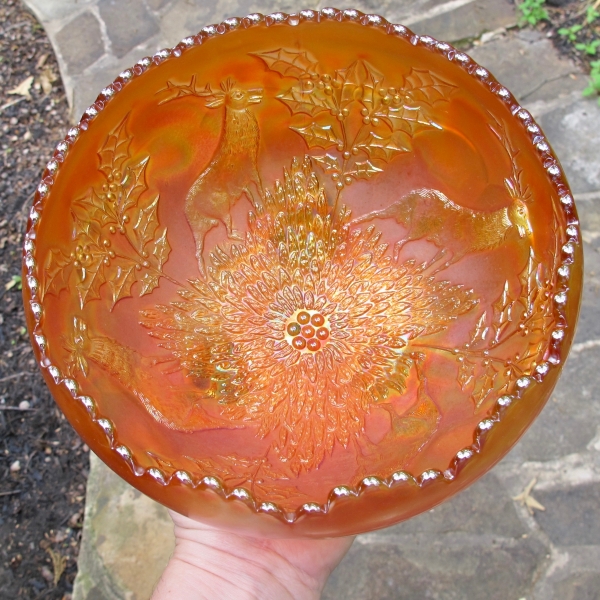 Antique Fenton Stag & Holly Pumpkin Marigold Carnival Glass Giant Rose Bowl
