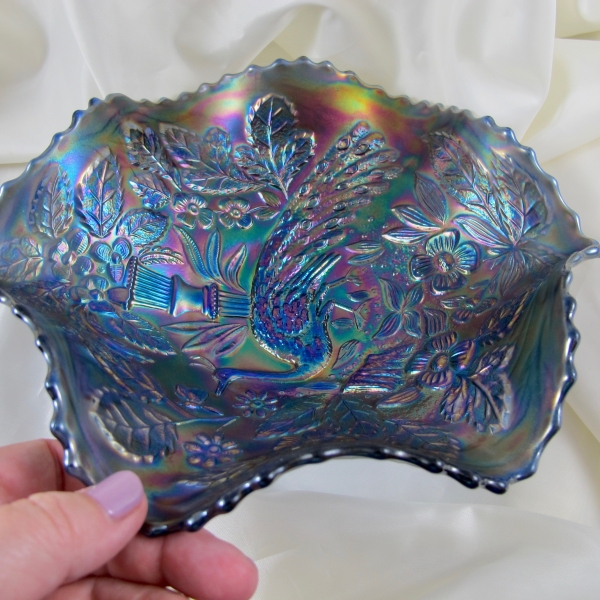 Antique Fenton Blue Peacock & Urn Carnival Glass Bowl