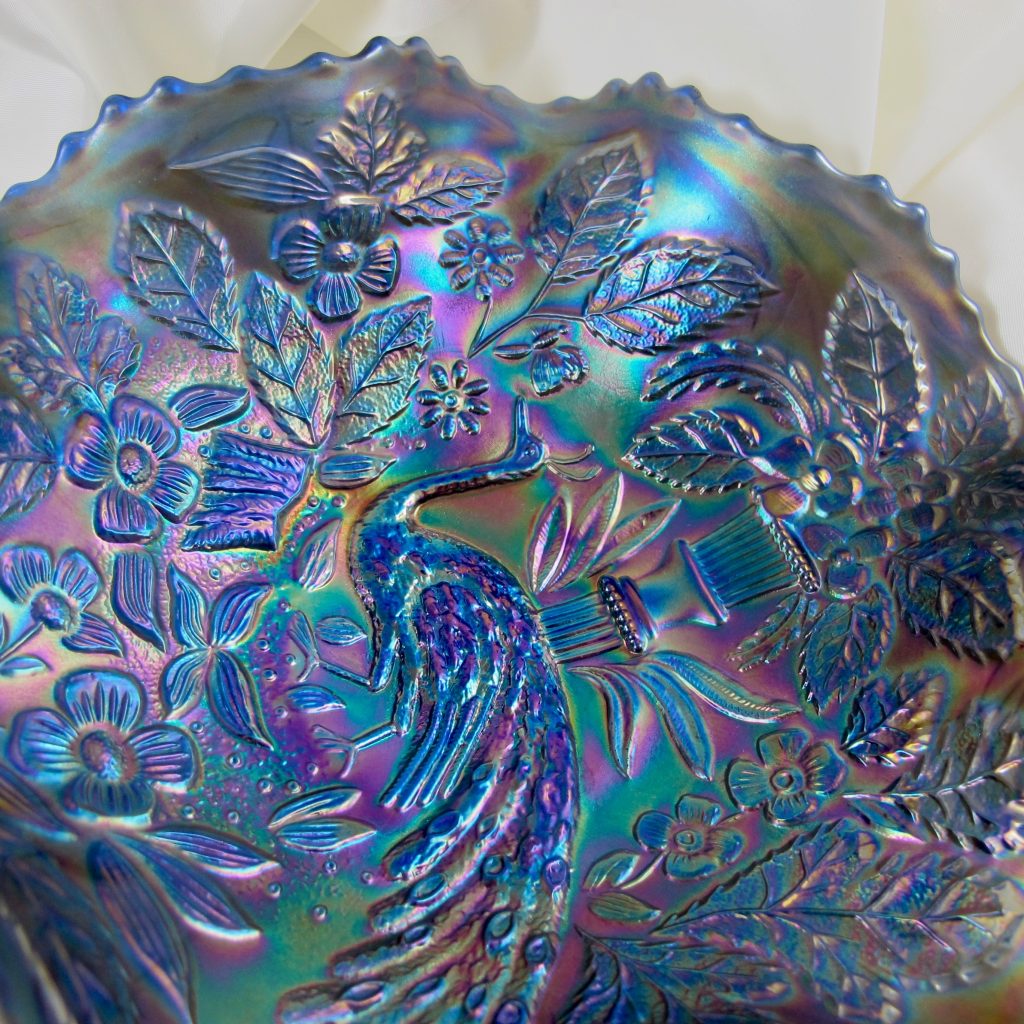 Antique Fenton Blue Peacock & Urn Carnival Glass Bowl Carnival Glass