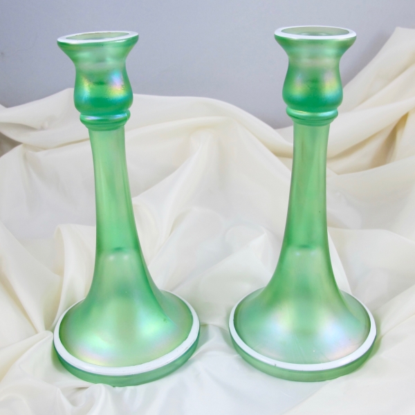 Antique Dugan Diamond Ice Green Trumpet Carnival Glass (Stretch) Candleholders Enameled White Trim