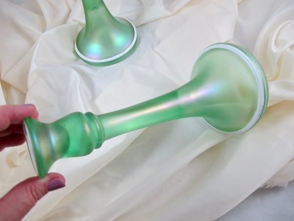 Antique Dugan Diamond Ice Green Trumpet Carnival Glass (Stretch) Candleholders Enameled White Trim