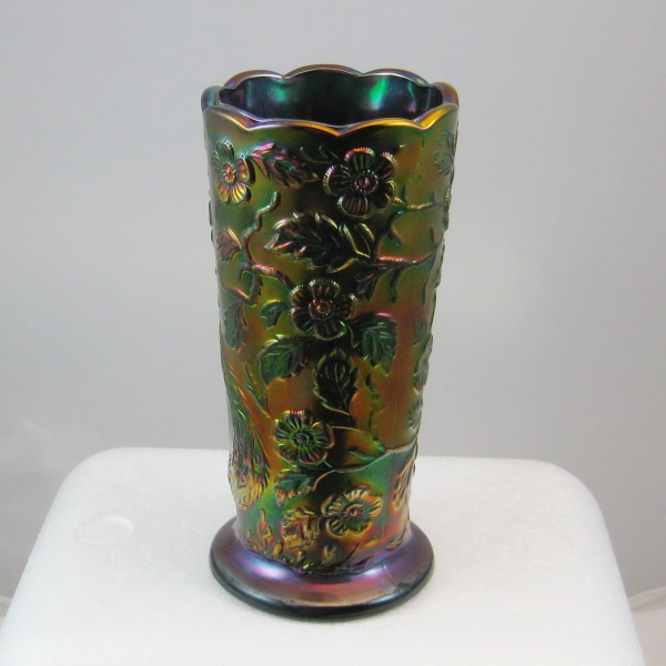 Fenton Black Amethyst #8257 Peacock Garden Carnival Glass Vase