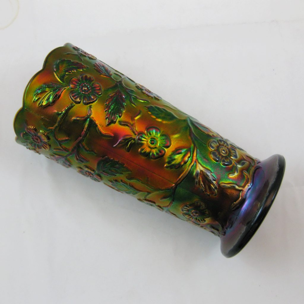 Fenton Black Amethyst 8257 Peacock Garden Carnival Glass Vase