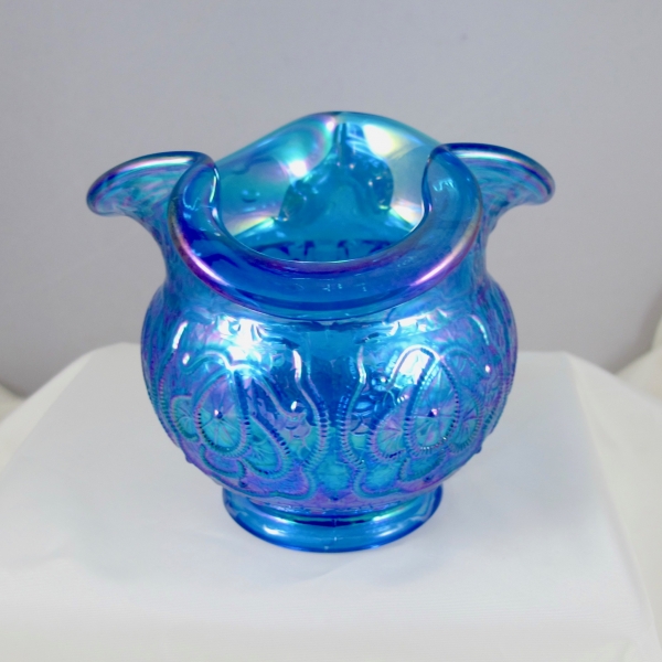 Fenton Sapphire Blue Persian Medallion Carnival Glass Tri-Corner Rose Bowl