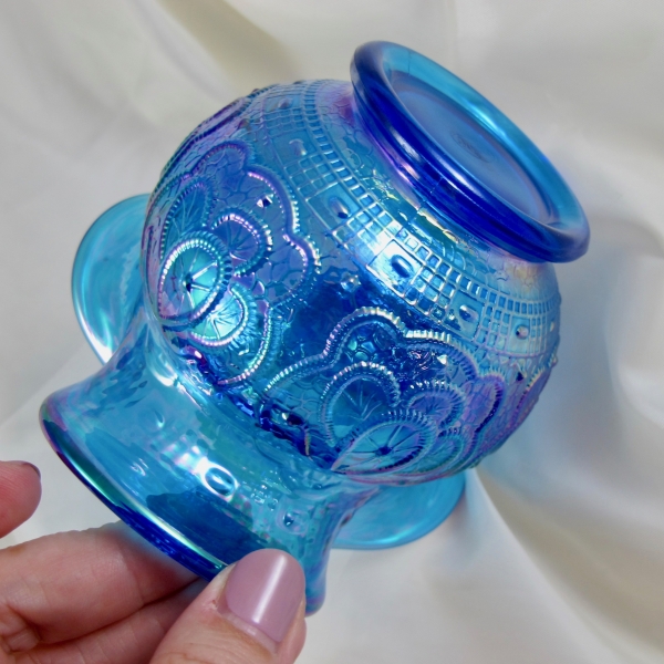 Fenton Sapphire Blue Persian Medallion Carnival Glass Tri-Corner Rose Bowl